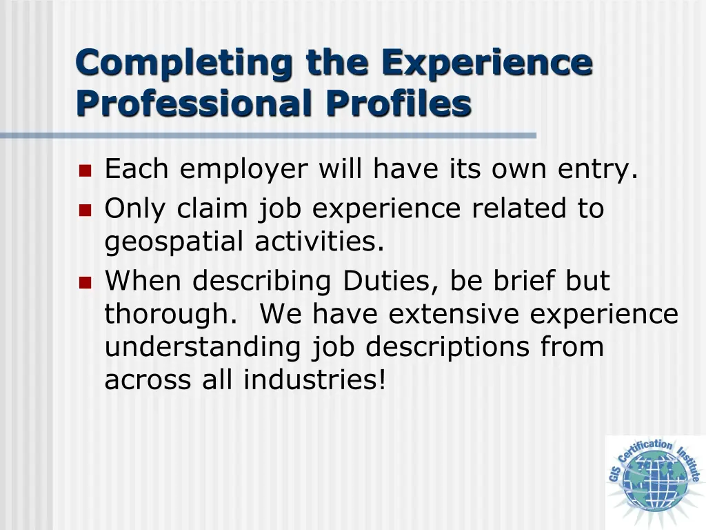 completing the experience professional profiles