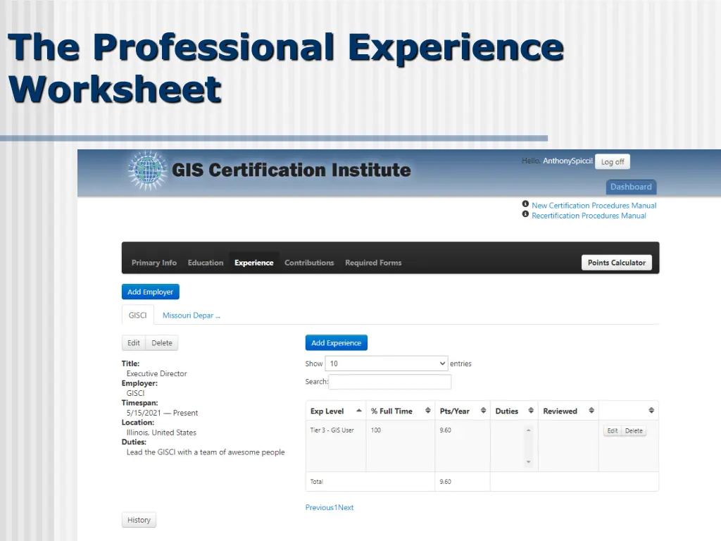 the professional experience worksheet