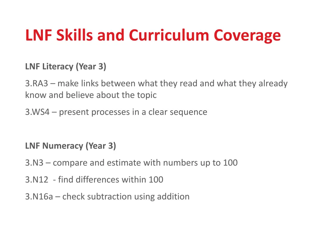 lnf skills and curriculum coverage