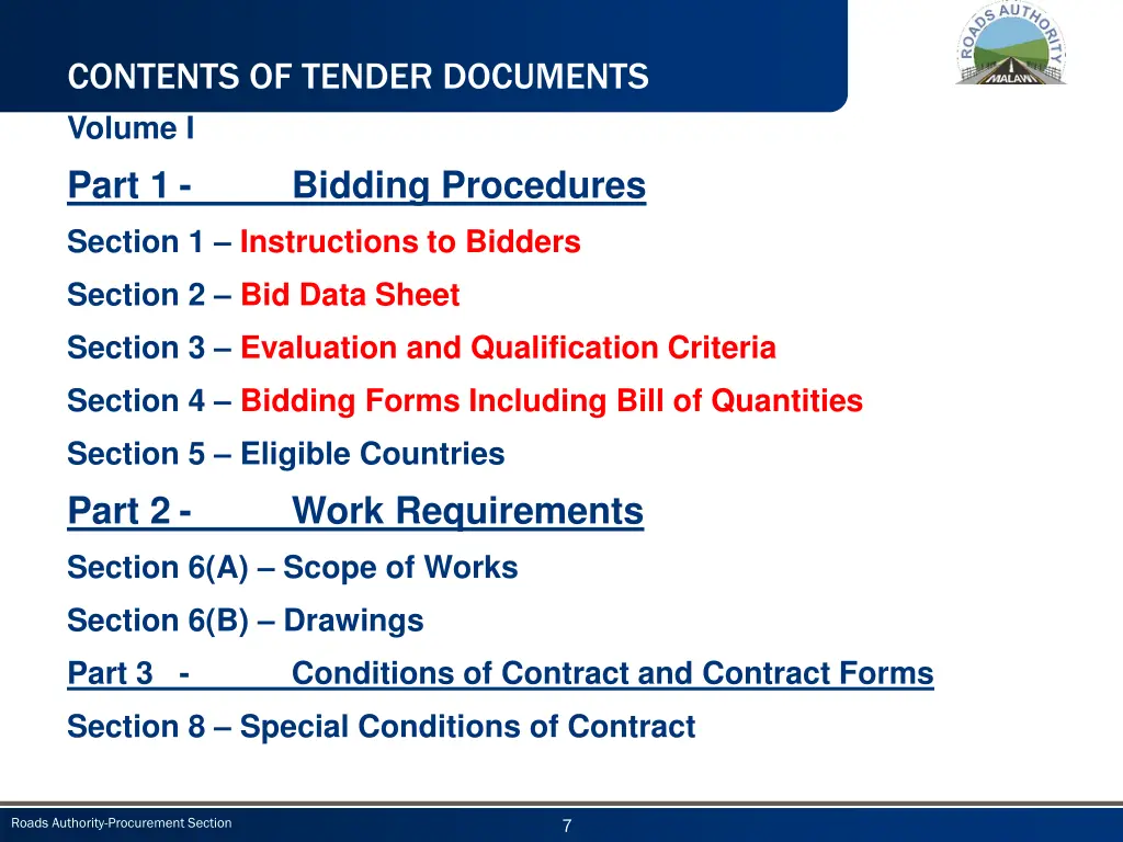 contents of tender documents volume i part