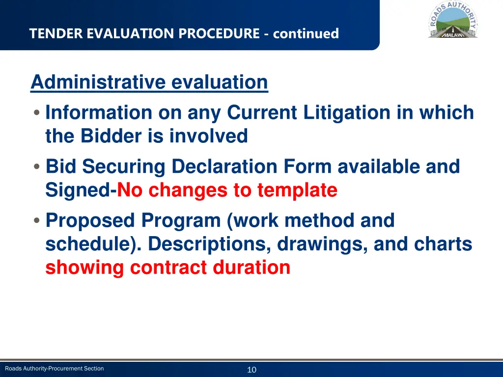 tender evaluation procedure continued