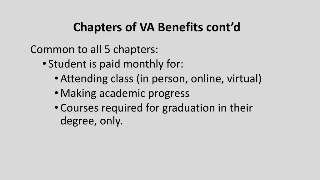 chapters of va benefits cont d