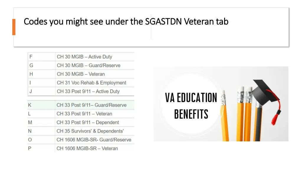 codes you might see under the sgastdn veteran