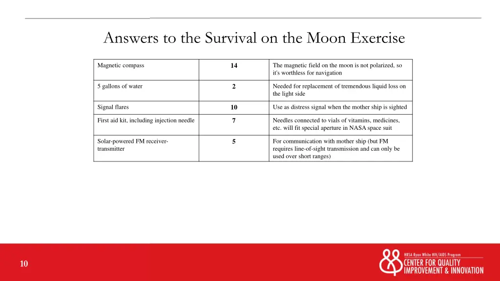 answers to the survival on the moon exercise 1