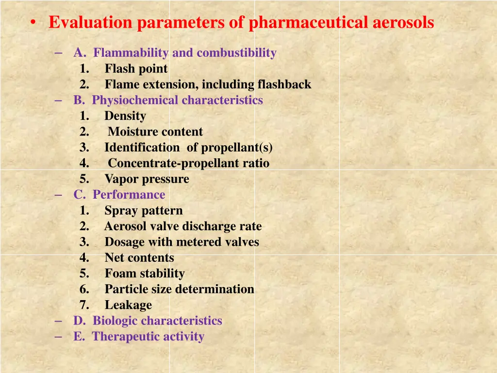 evaluation parameters of pharmaceutical aerosols