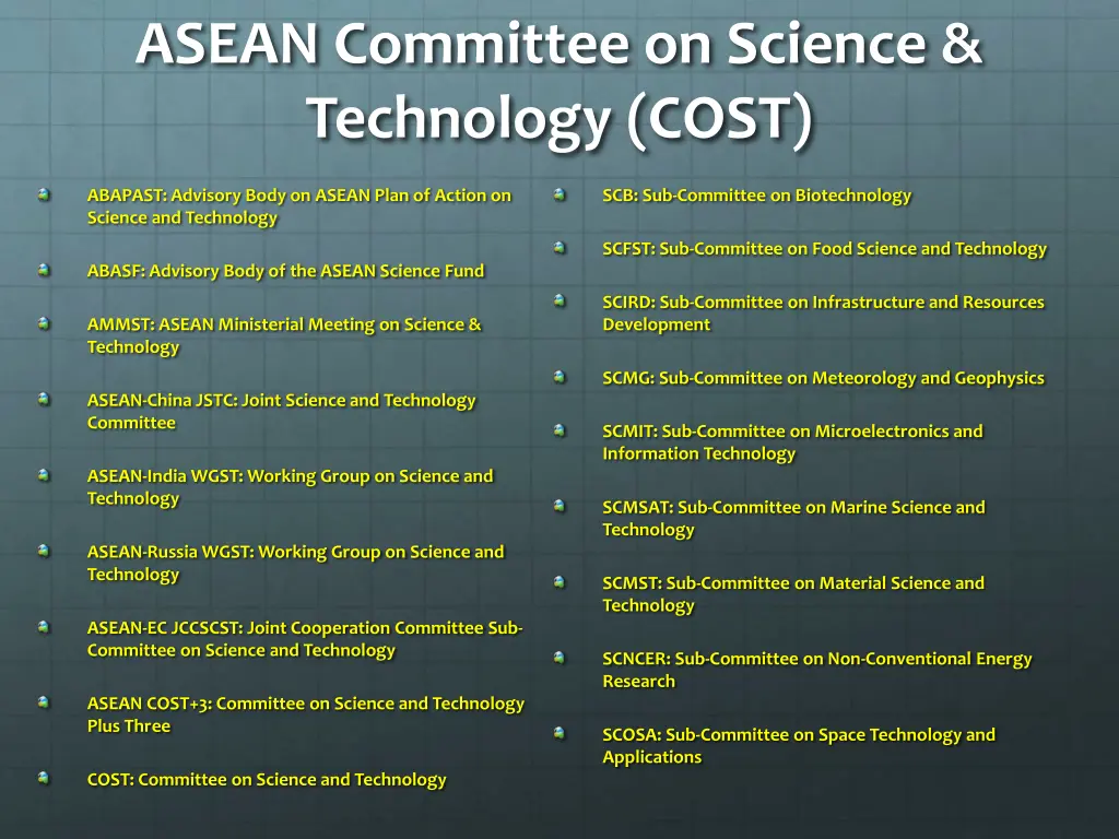 asean committee on science technology cost