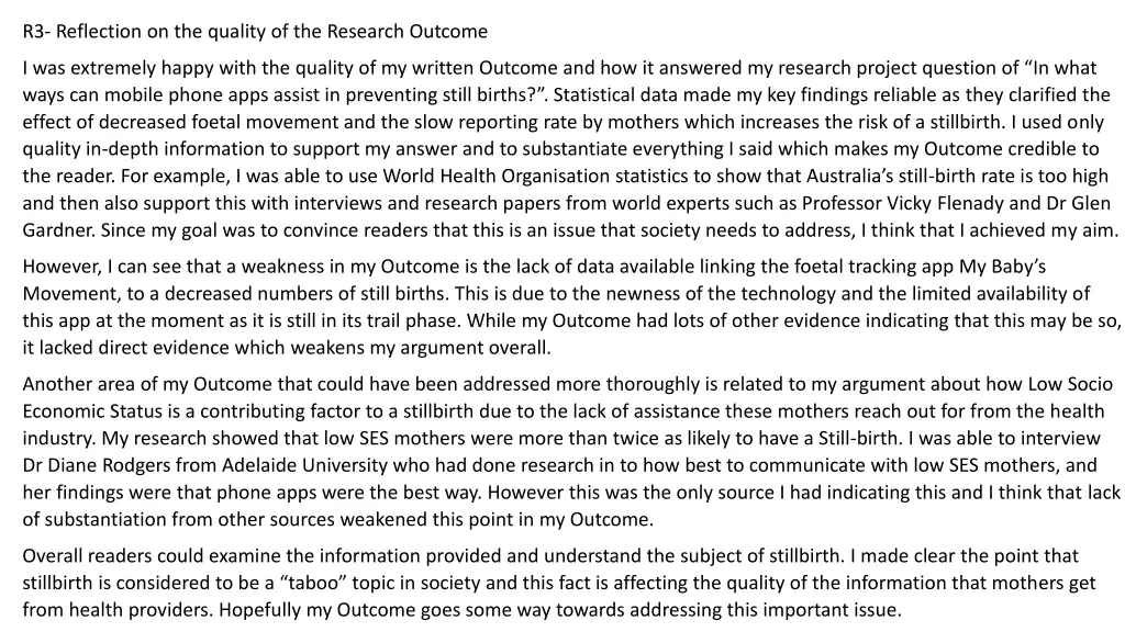 r3 reflection on the quality of the research