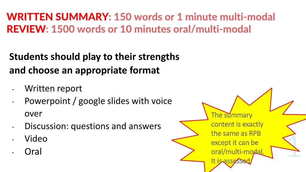 written summary 150 words or 1 minute multi modal