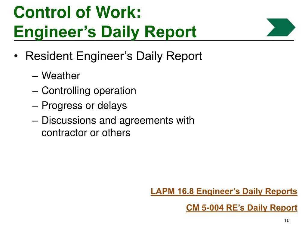 control of work engineer s daily report