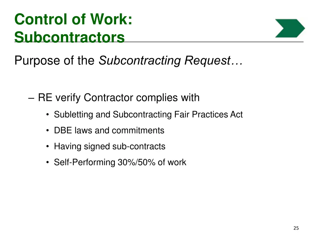 control of work subcontractors 2