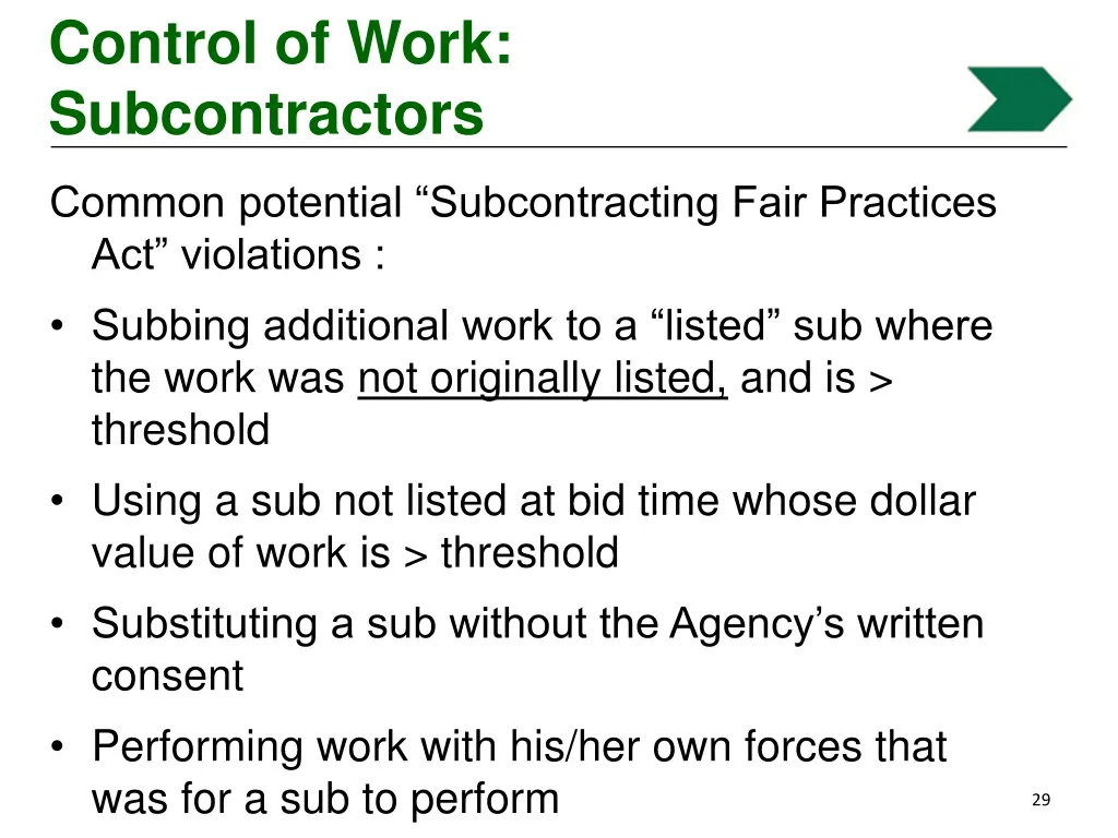 control of work subcontractors 4