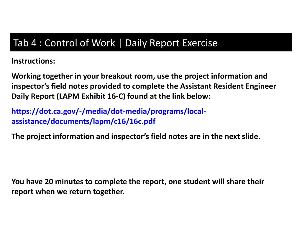 tab 4 control of work daily report exercise