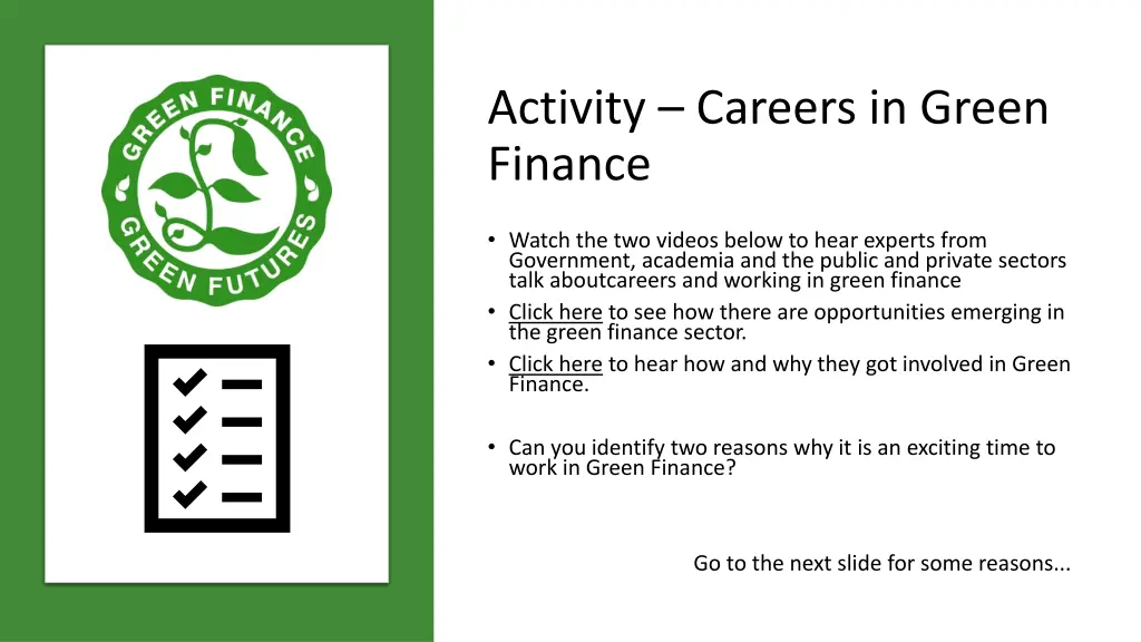 activity careers in green finance