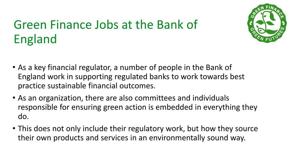 green finance jobs at the bank of england