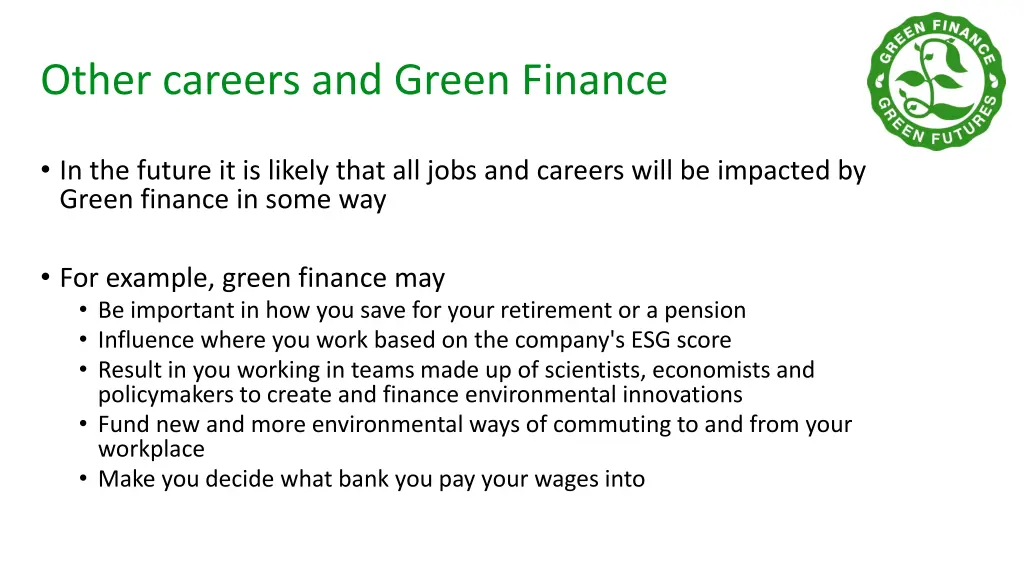 other careers and green finance