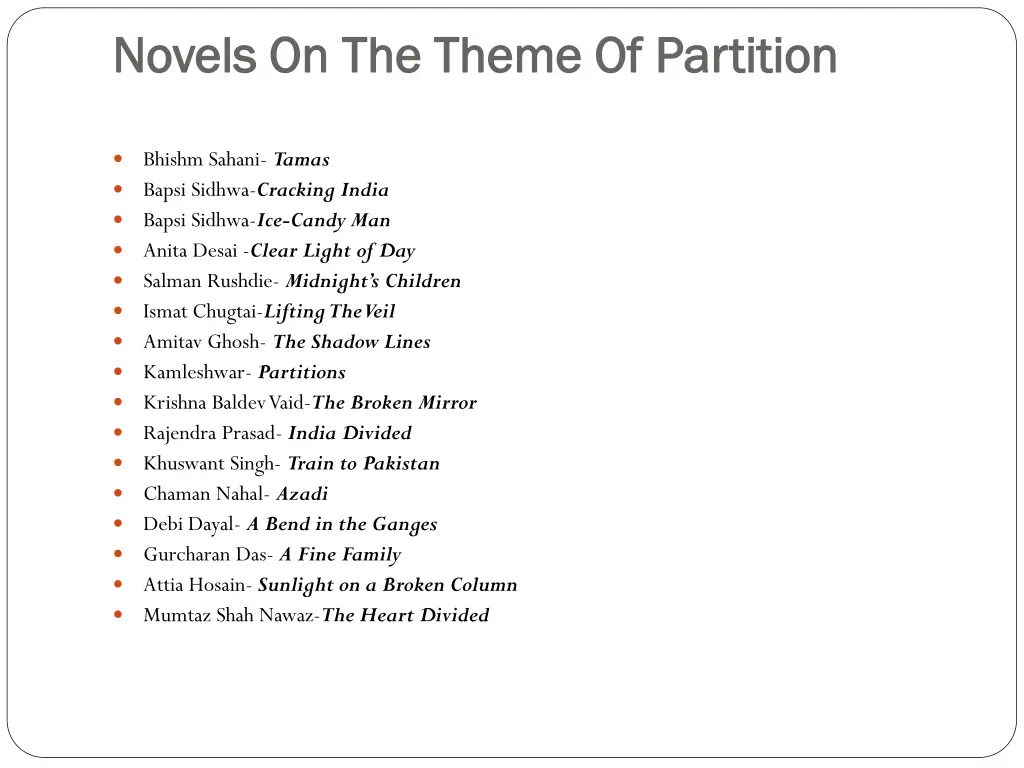 novels on the theme of partition novels