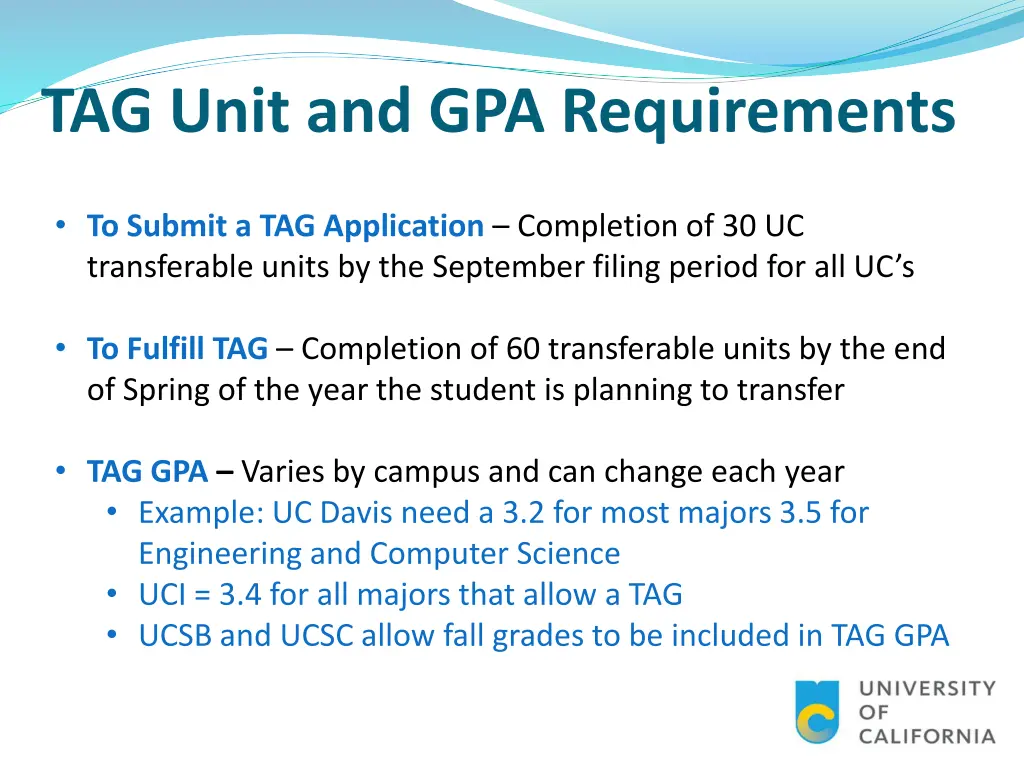 tag unit and gpa requirements