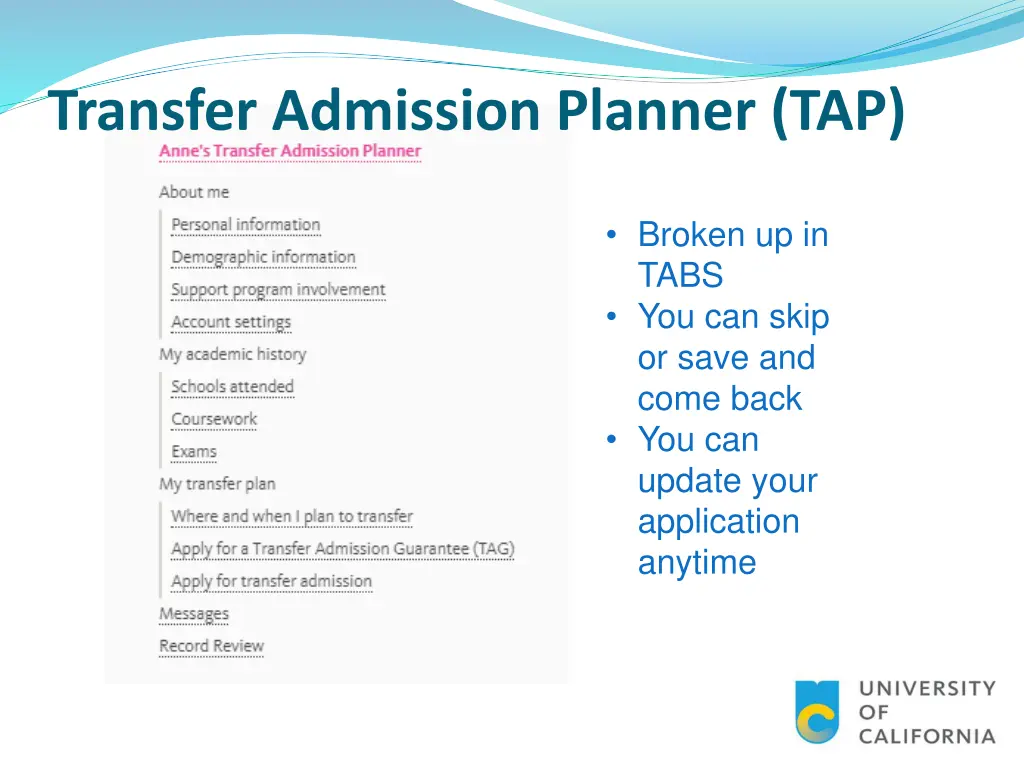 transfer admission planner tap 2