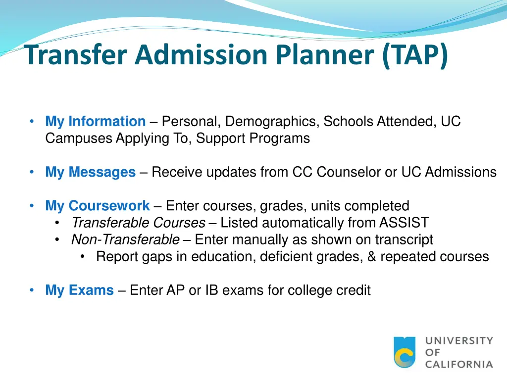 transfer admission planner tap 3