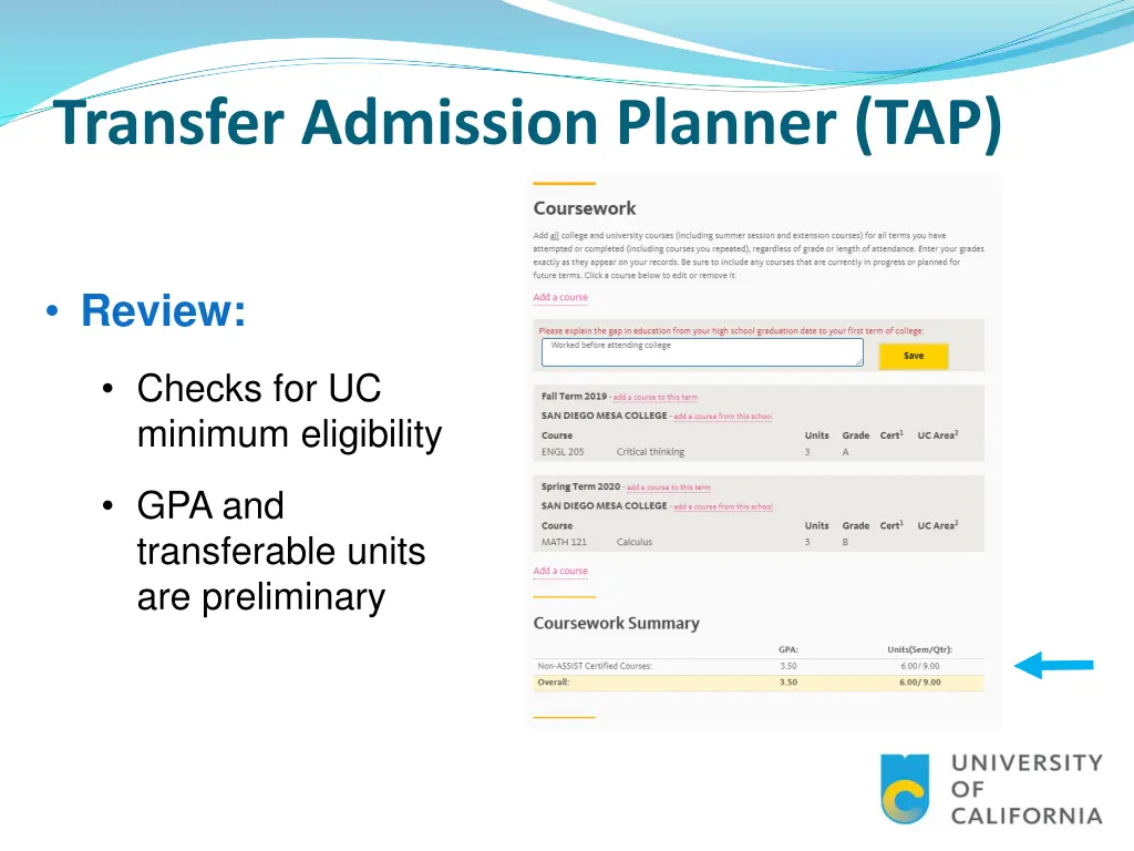 transfer admission planner tap 4