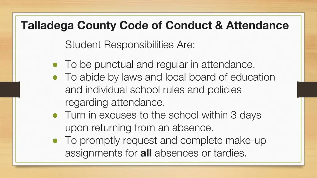 talladega county code of conduct attendance