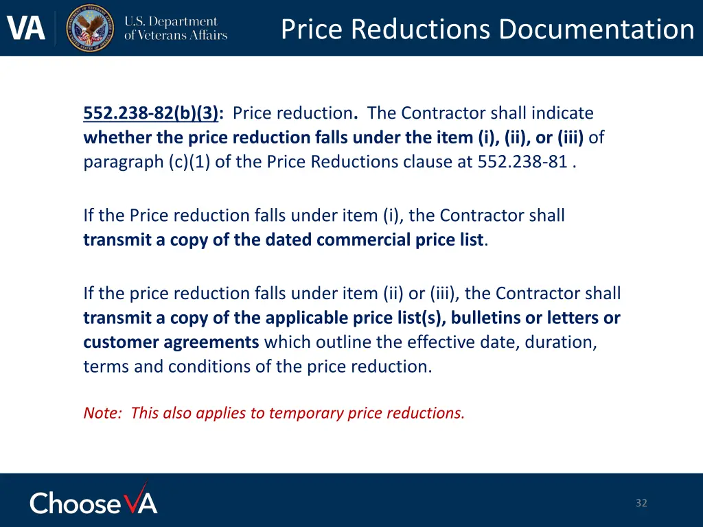 price reductions documentation