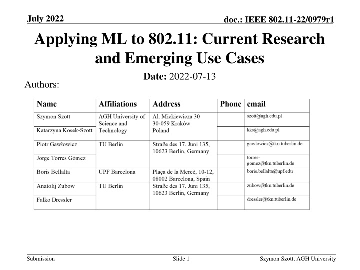 july 2022 applying ml to 802 11 current research