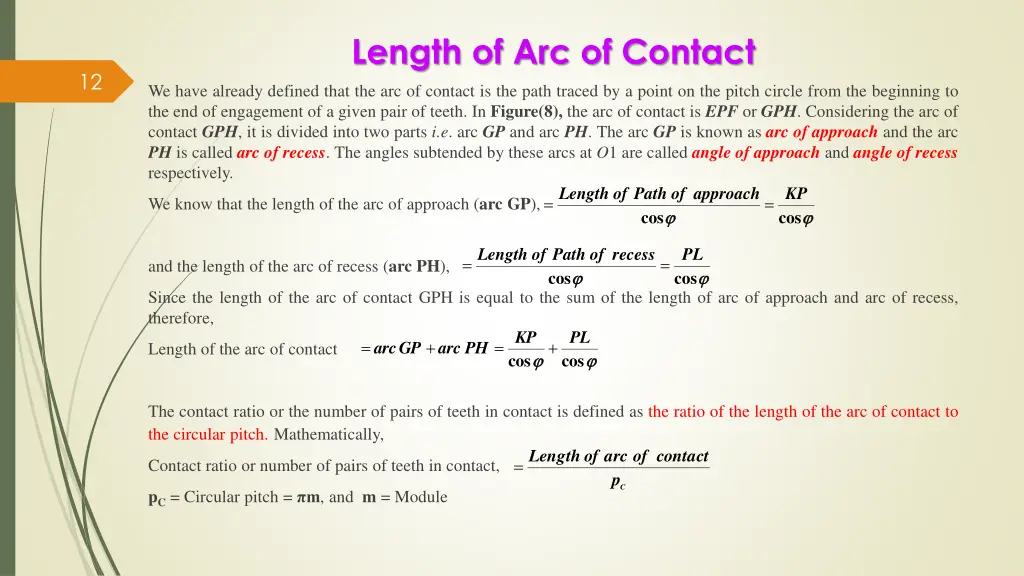 length of arc of contact