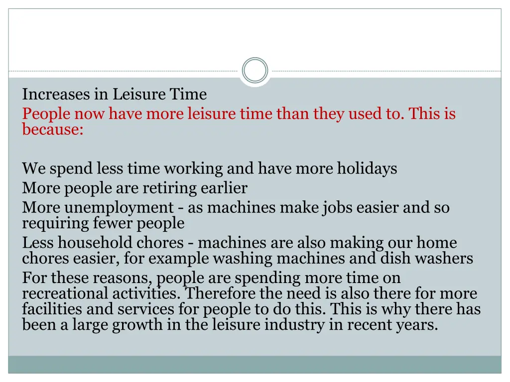 increases in leisure time people now have more