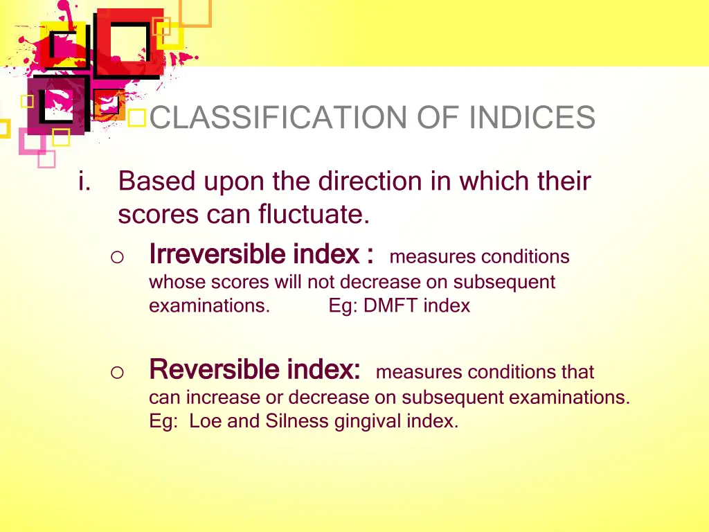 classification of indices