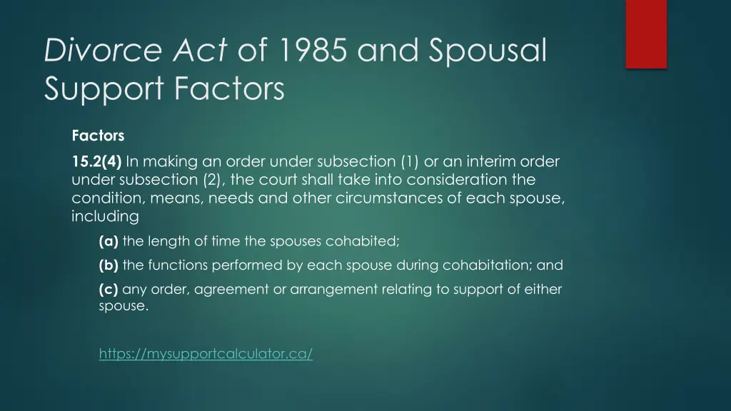 divorce act of 1985 and spousal support factors