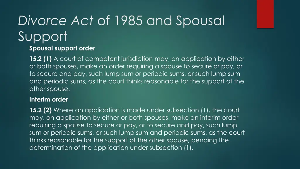 divorce act of 1985 and spousal support spousal