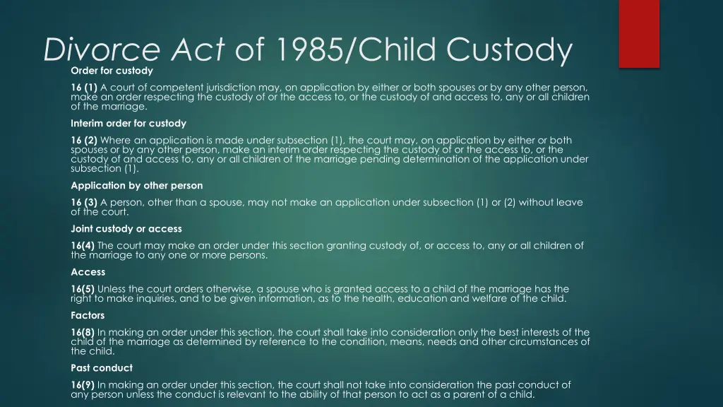 divorce act of 1985 child custody order