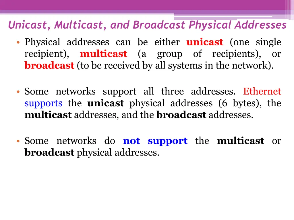 unicast multicast and broadcast physical addresses