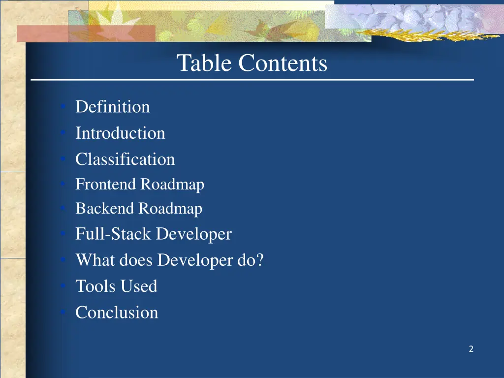 table contents