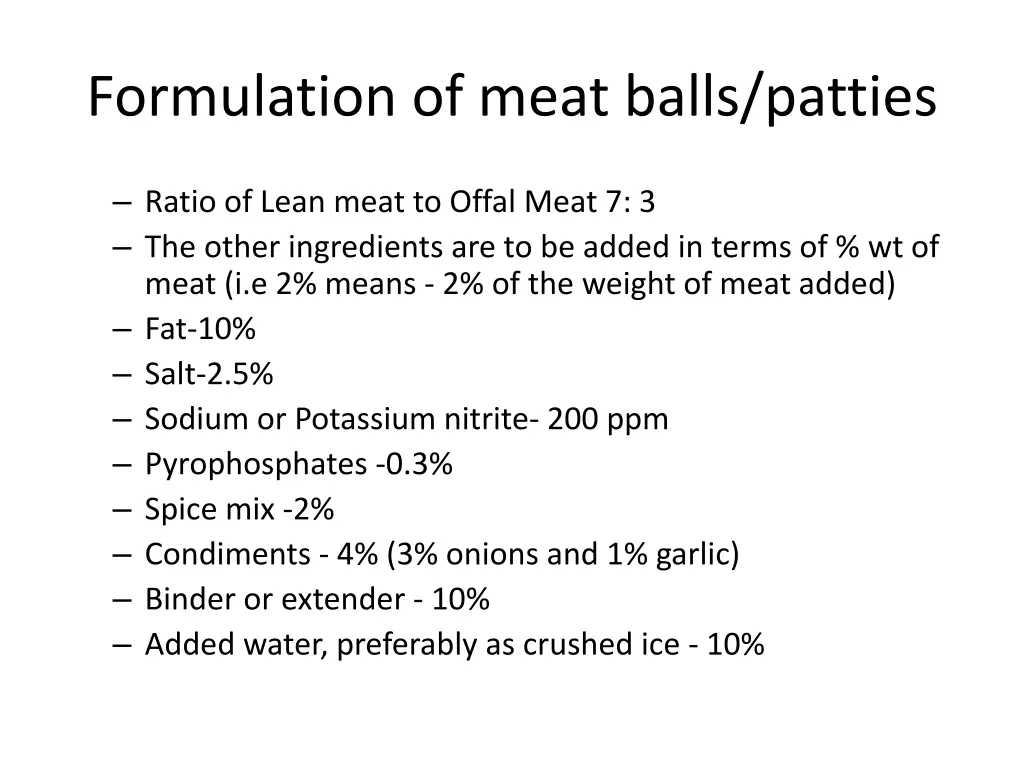 formulation of meat balls patties