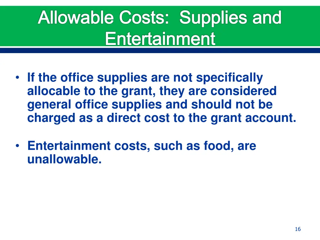 allowable costs supplies and entertainment