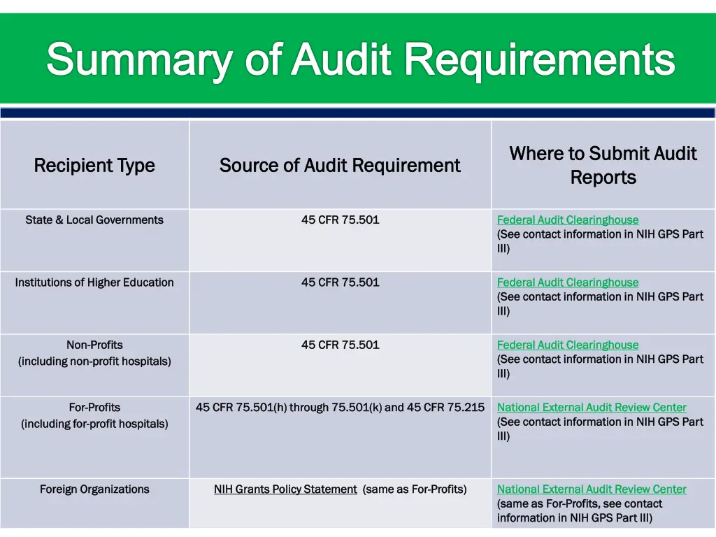 summary of audit requirements