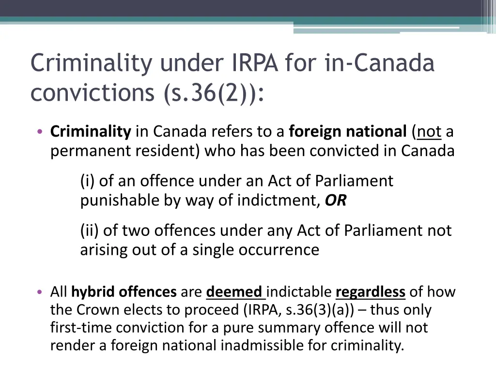 criminality under irpa for in canada convictions