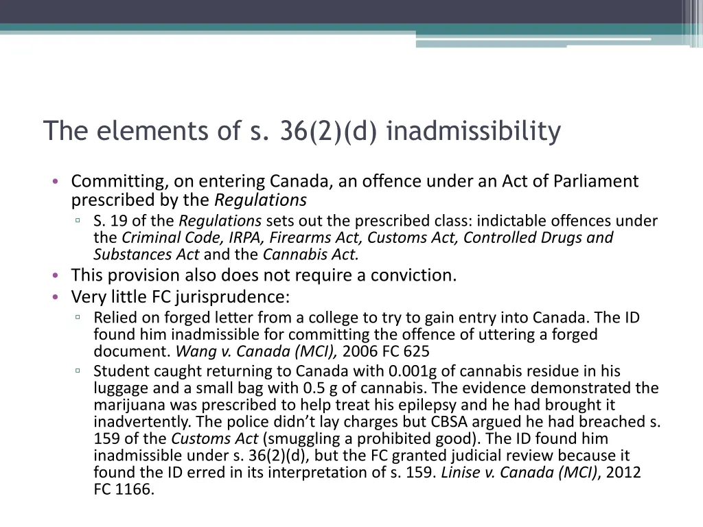 the elements of s 36 2 d inadmissibility