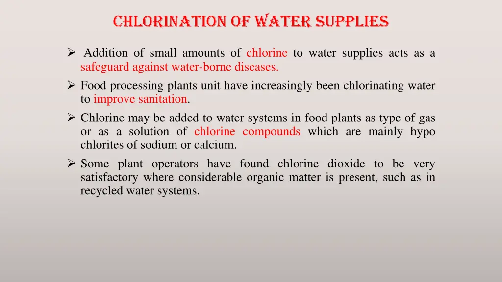 chlorination of water supplies