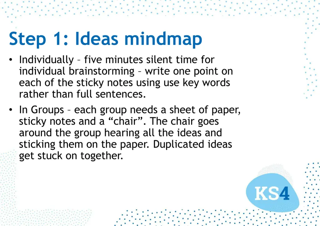 step 1 ideas mindmap individually five minutes