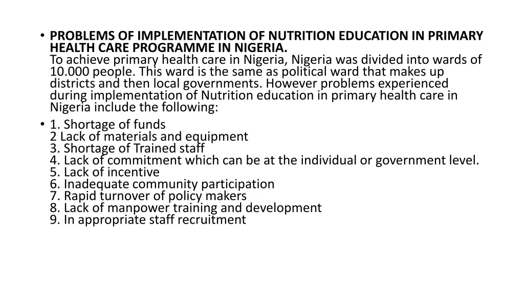 problems of implementation of nutrition education