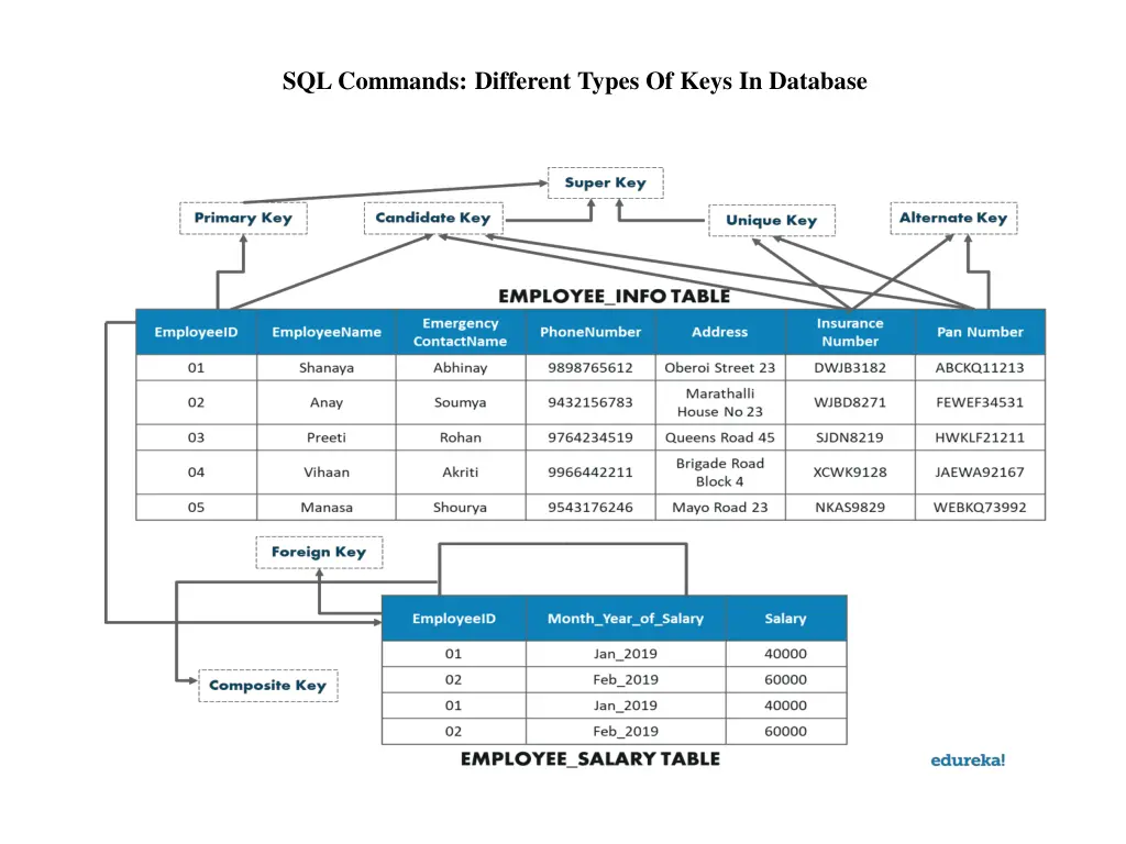 sql commands different types of keys in database