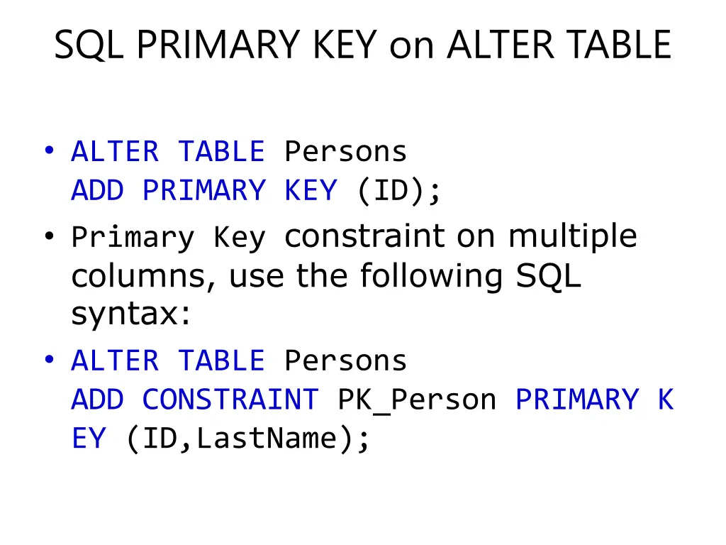 sql primary key on alter table