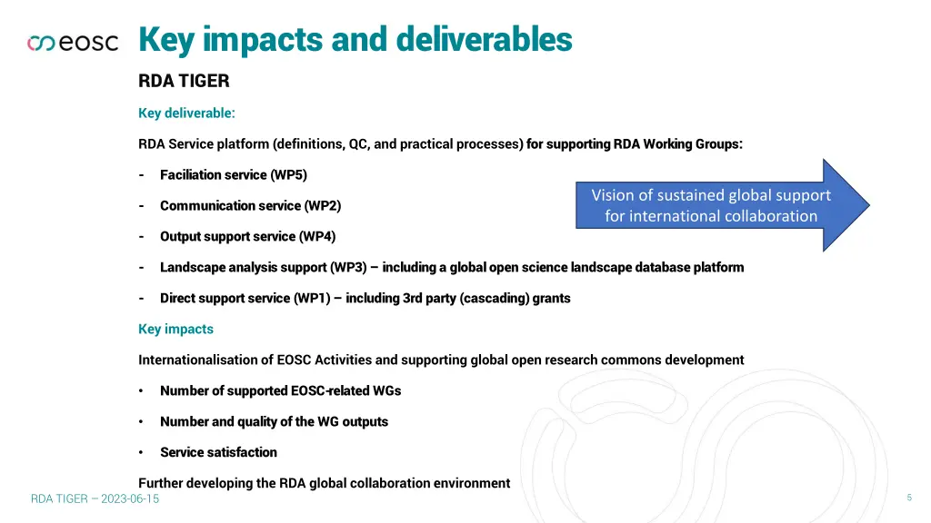 key impacts and deliverables rda tiger