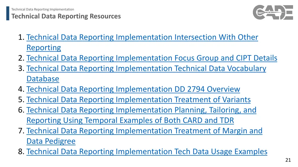 technical data reporting implementation 17