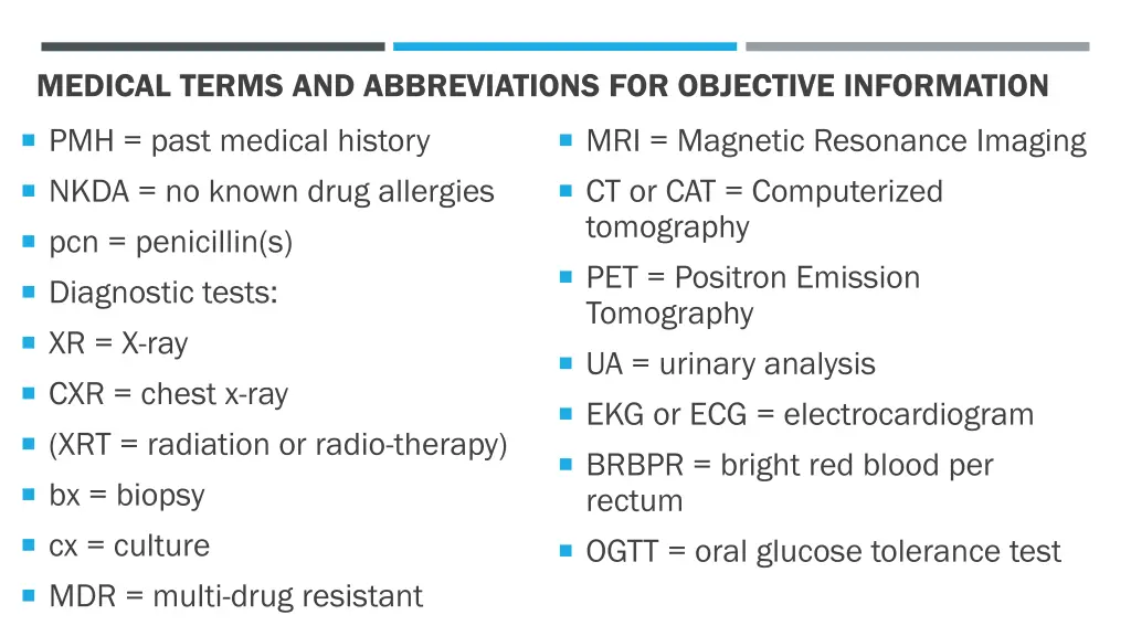 medical terms and abbreviations for objective 1