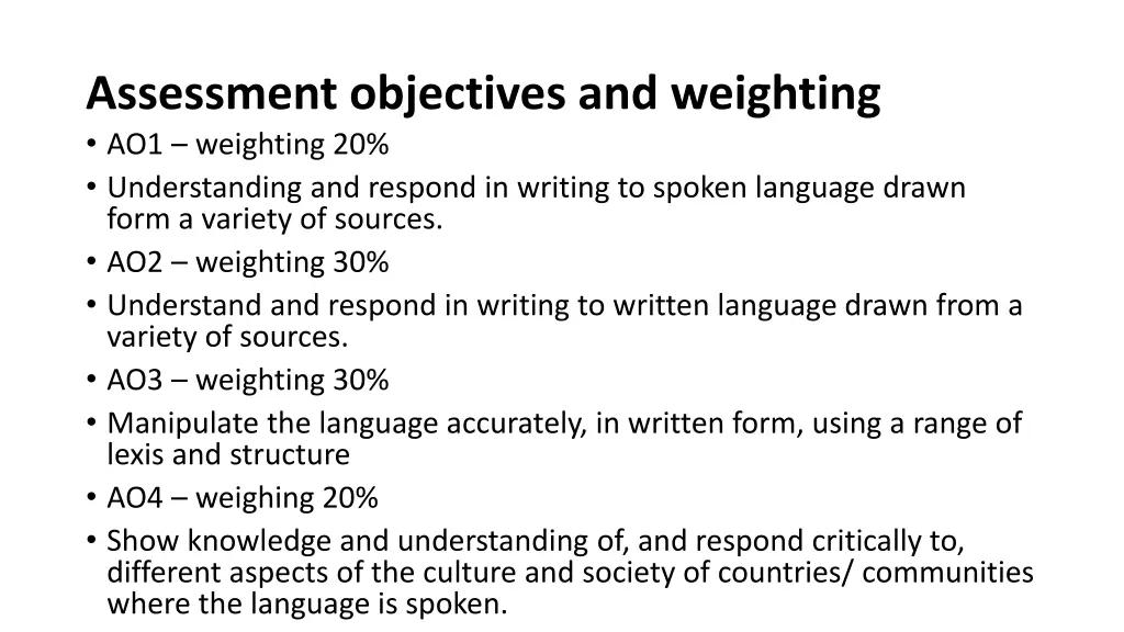 assessment objectives and weighting ao1 weighting