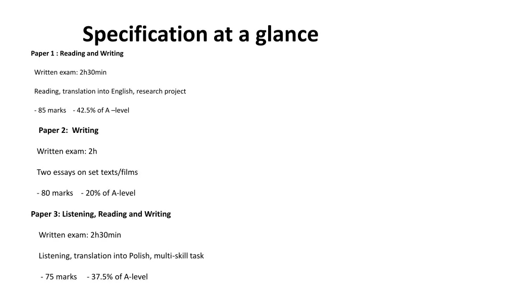 specification at a glance paper 1 reading